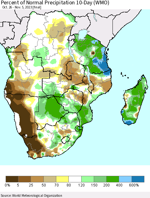 Southern Africa Percent of Normal Precipitation 10-Day (WMO) Thematic Map For 10/26/2023 - 11/5/2023