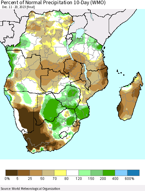Southern Africa Percent of Normal Precipitation 10-Day (WMO) Thematic Map For 12/11/2023 - 12/20/2023