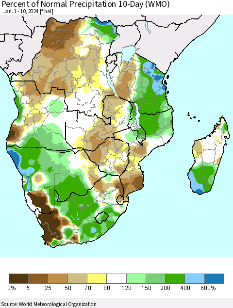Southern Africa Percent of Normal Precipitation 10-Day (WMO) Thematic Map For 1/1/2024 - 1/10/2024