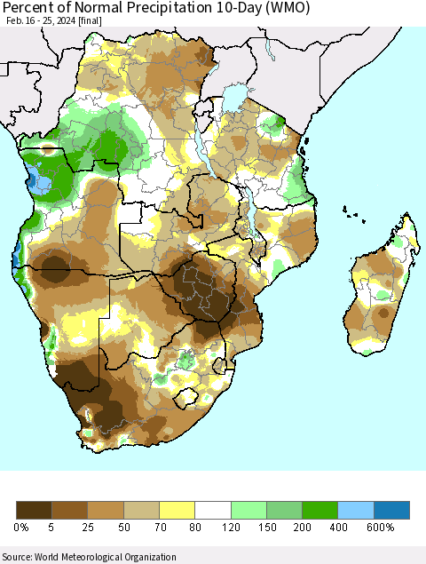Southern Africa Percent of Normal Precipitation 10-Day (WMO) Thematic Map For 2/16/2024 - 2/25/2024