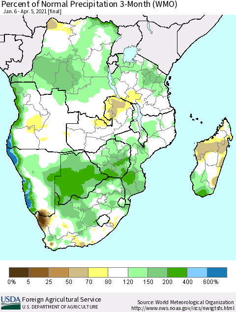 Southern Africa Percent of Normal Precipitation 3-Month (WMO) Thematic Map For 1/6/2021 - 4/5/2021