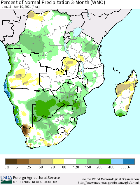 Southern Africa Percent of Normal Precipitation 3-Month (WMO) Thematic Map For 1/11/2021 - 4/10/2021