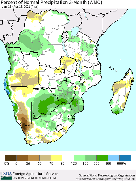 Southern Africa Percent of Normal Precipitation 3-Month (WMO) Thematic Map For 1/16/2021 - 4/15/2021