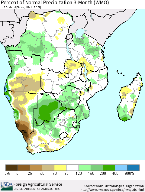 Southern Africa Percent of Normal Precipitation 3-Month (WMO) Thematic Map For 1/26/2021 - 4/25/2021