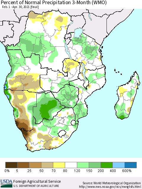 Southern Africa Percent of Normal Precipitation 3-Month (WMO) Thematic Map For 2/1/2021 - 4/30/2021