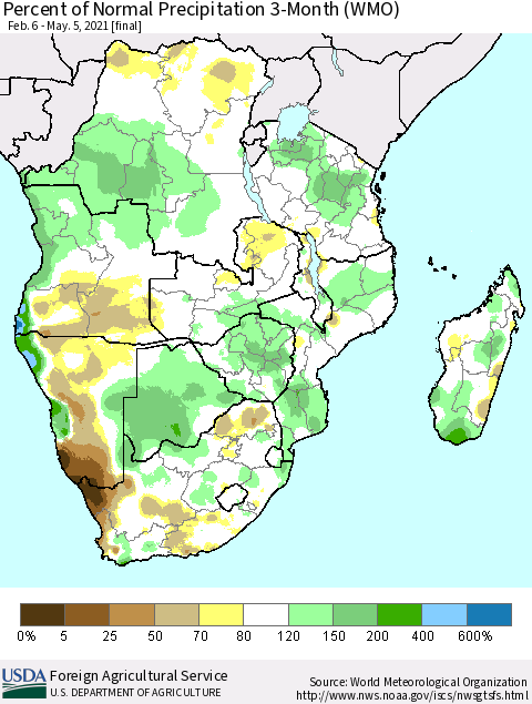 Southern Africa Percent of Normal Precipitation 3-Month (WMO) Thematic Map For 2/6/2021 - 5/5/2021