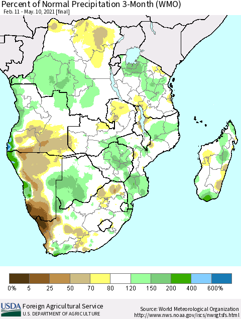 Southern Africa Percent of Normal Precipitation 3-Month (WMO) Thematic Map For 2/11/2021 - 5/10/2021