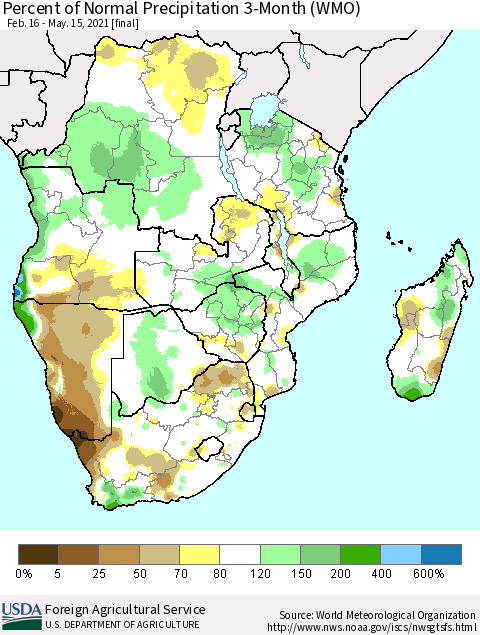 Southern Africa Percent of Normal Precipitation 3-Month (WMO) Thematic Map For 2/16/2021 - 5/15/2021