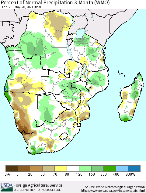 Southern Africa Percent of Normal Precipitation 3-Month (WMO) Thematic Map For 2/21/2021 - 5/20/2021