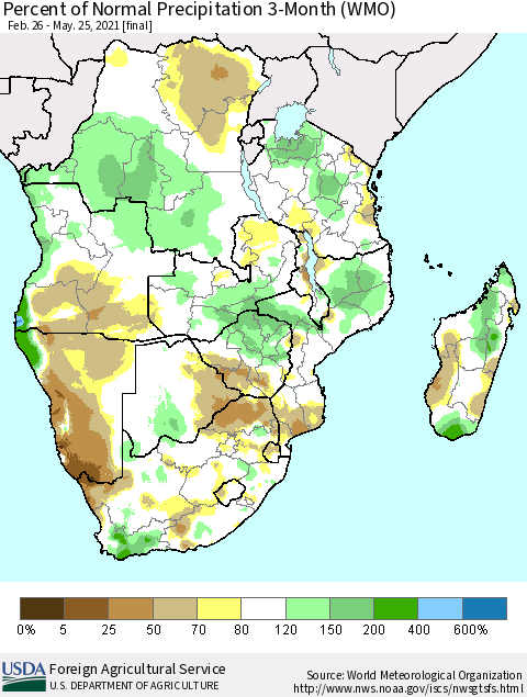 Southern Africa Percent of Normal Precipitation 3-Month (WMO) Thematic Map For 2/26/2021 - 5/25/2021