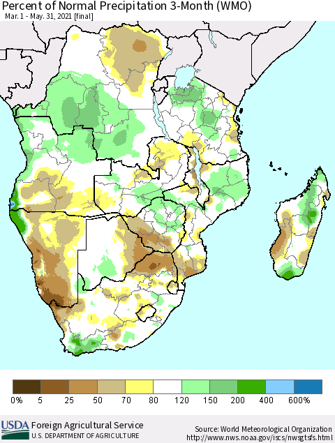 Southern Africa Percent of Normal Precipitation 3-Month (WMO) Thematic Map For 3/1/2021 - 5/31/2021