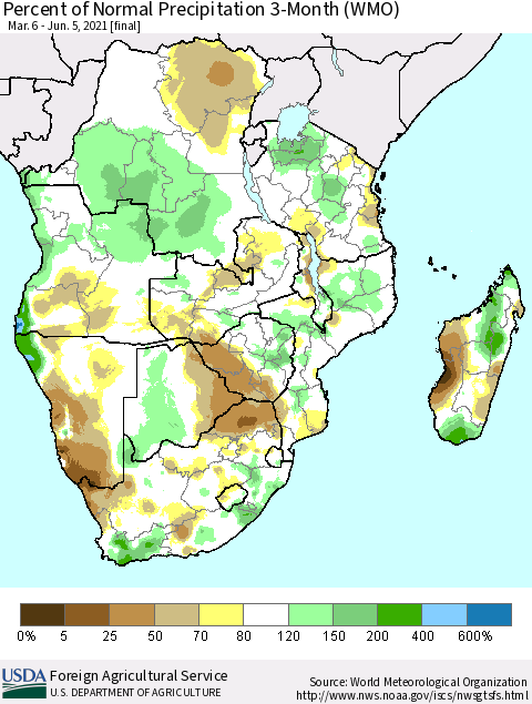 Southern Africa Percent of Normal Precipitation 3-Month (WMO) Thematic Map For 3/6/2021 - 6/5/2021