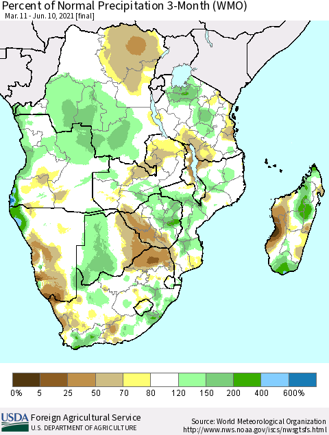 Southern Africa Percent of Normal Precipitation 3-Month (WMO) Thematic Map For 3/11/2021 - 6/10/2021