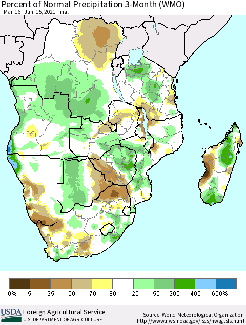 Southern Africa Percent of Normal Precipitation 3-Month (WMO) Thematic Map For 3/16/2021 - 6/15/2021