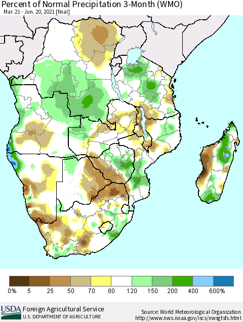 Southern Africa Percent of Normal Precipitation 3-Month (WMO) Thematic Map For 3/21/2021 - 6/20/2021