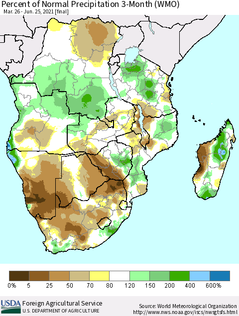 Southern Africa Percent of Normal Precipitation 3-Month (WMO) Thematic Map For 3/26/2021 - 6/25/2021