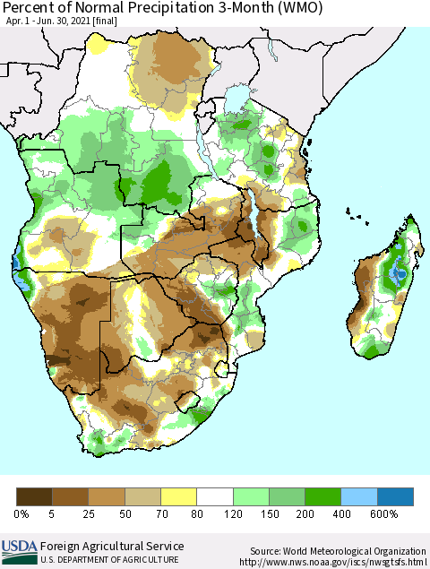 Southern Africa Percent of Normal Precipitation 3-Month (WMO) Thematic Map For 4/1/2021 - 6/30/2021