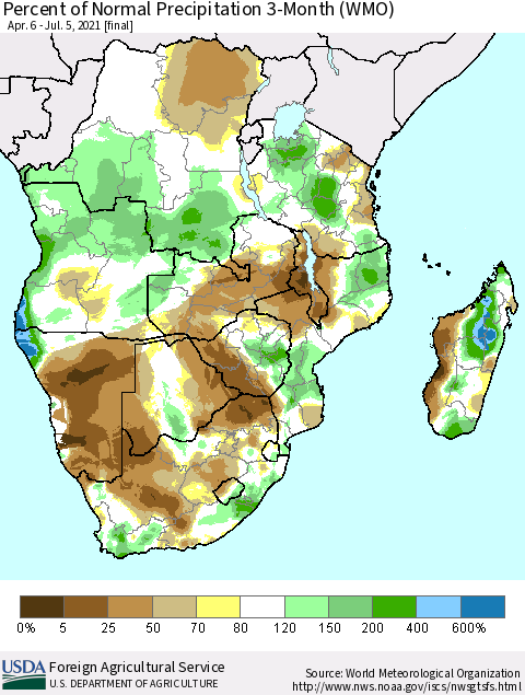 Southern Africa Percent of Normal Precipitation 3-Month (WMO) Thematic Map For 4/6/2021 - 7/5/2021
