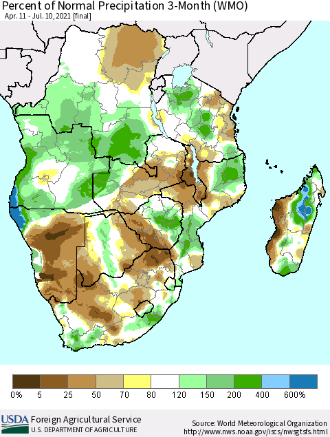 Southern Africa Percent of Normal Precipitation 3-Month (WMO) Thematic Map For 4/11/2021 - 7/10/2021