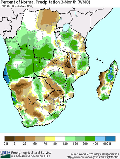 Southern Africa Percent of Normal Precipitation 3-Month (WMO) Thematic Map For 4/16/2021 - 7/15/2021