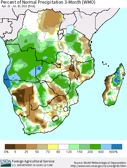 Southern Africa Percent of Normal Precipitation 3-Month (WMO) Thematic Map For 4/21/2021 - 7/20/2021