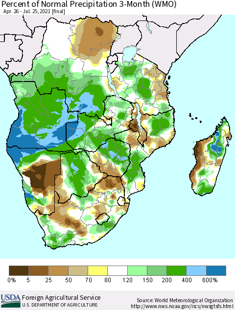 Southern Africa Percent of Normal Precipitation 3-Month (WMO) Thematic Map For 4/26/2021 - 7/25/2021