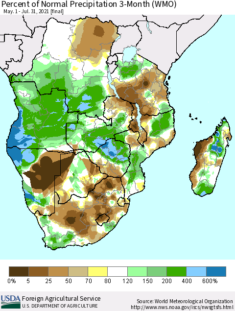 Southern Africa Percent of Normal Precipitation 3-Month (WMO) Thematic Map For 5/1/2021 - 7/31/2021