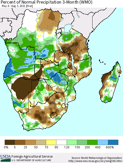 Southern Africa Percent of Normal Precipitation 3-Month (WMO) Thematic Map For 5/6/2021 - 8/5/2021