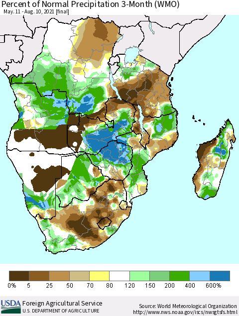 Southern Africa Percent of Normal Precipitation 3-Month (WMO) Thematic Map For 5/11/2021 - 8/10/2021