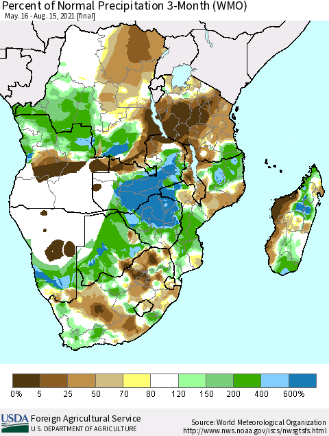 Southern Africa Percent of Normal Precipitation 3-Month (WMO) Thematic Map For 5/16/2021 - 8/15/2021