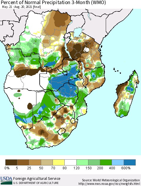 Southern Africa Percent of Normal Precipitation 3-Month (WMO) Thematic Map For 5/21/2021 - 8/20/2021