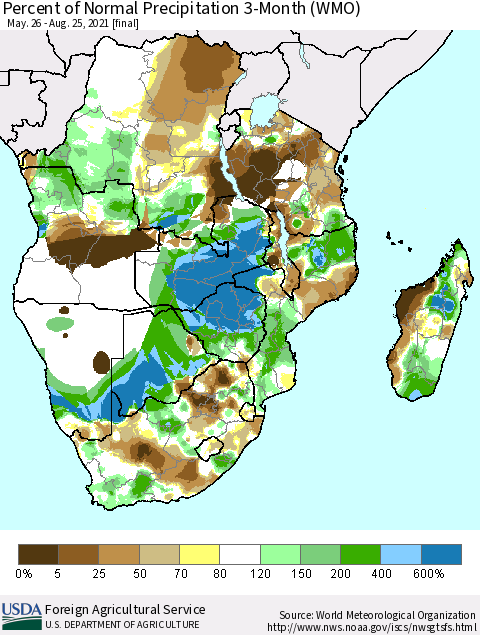 Southern Africa Percent of Normal Precipitation 3-Month (WMO) Thematic Map For 5/26/2021 - 8/25/2021