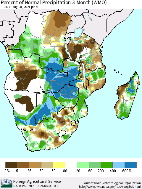 Southern Africa Percent of Normal Precipitation 3-Month (WMO) Thematic Map For 6/1/2021 - 8/31/2021