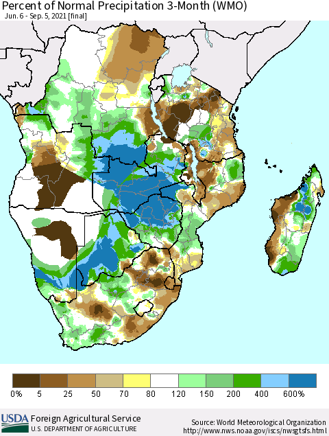 Southern Africa Percent of Normal Precipitation 3-Month (WMO) Thematic Map For 6/6/2021 - 9/5/2021