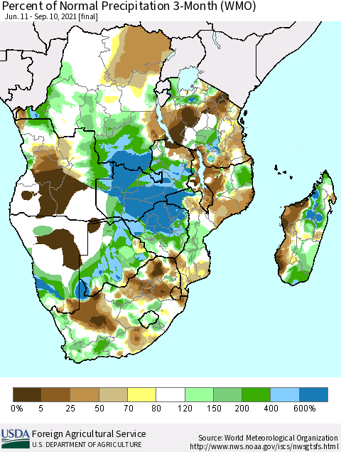 Southern Africa Percent of Normal Precipitation 3-Month (WMO) Thematic Map For 6/11/2021 - 9/10/2021