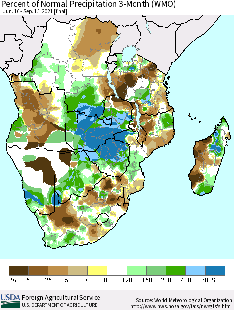 Southern Africa Percent of Normal Precipitation 3-Month (WMO) Thematic Map For 6/16/2021 - 9/15/2021