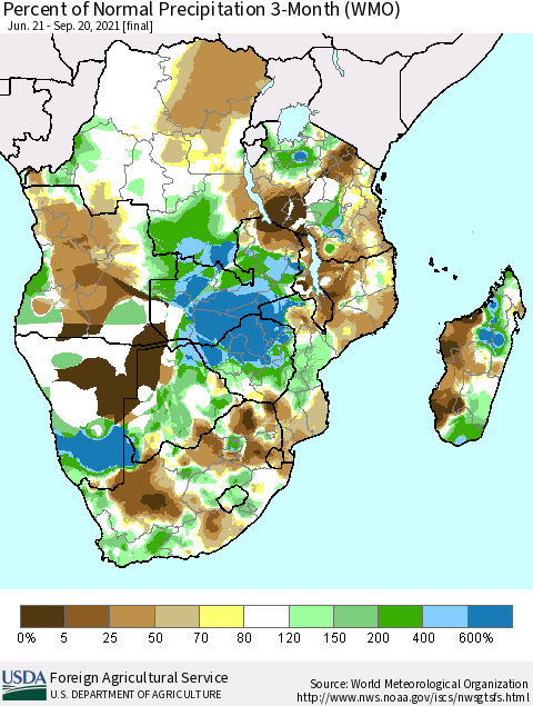 Southern Africa Percent of Normal Precipitation 3-Month (WMO) Thematic Map For 6/21/2021 - 9/20/2021