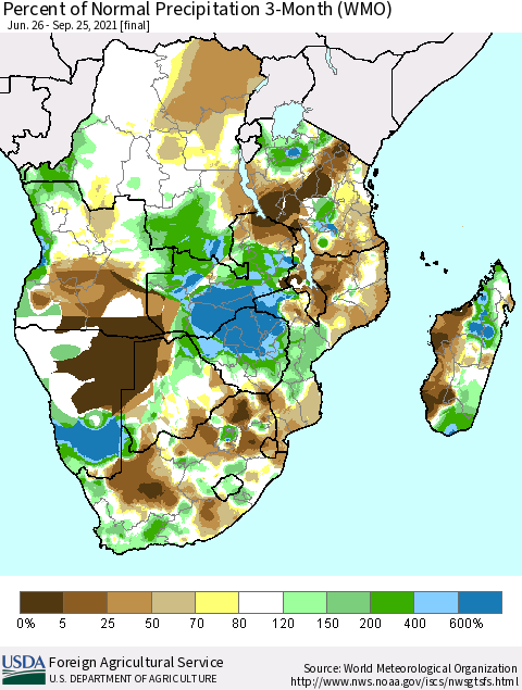 Southern Africa Percent of Normal Precipitation 3-Month (WMO) Thematic Map For 6/26/2021 - 9/25/2021