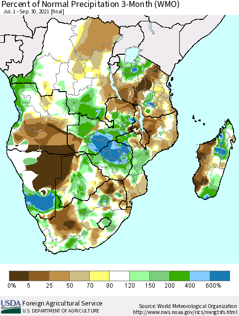 Southern Africa Percent of Normal Precipitation 3-Month (WMO) Thematic Map For 7/1/2021 - 9/30/2021