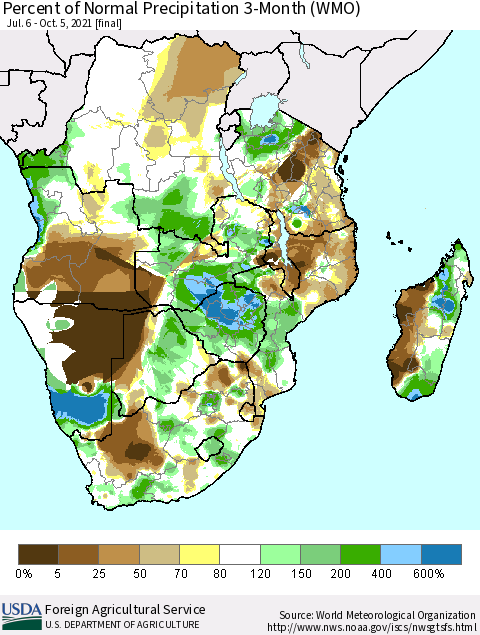 Southern Africa Percent of Normal Precipitation 3-Month (WMO) Thematic Map For 7/6/2021 - 10/5/2021