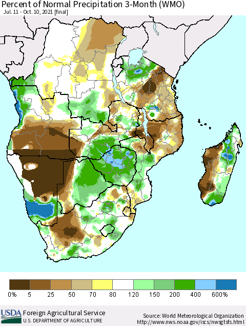 Southern Africa Percent of Normal Precipitation 3-Month (WMO) Thematic Map For 7/11/2021 - 10/10/2021