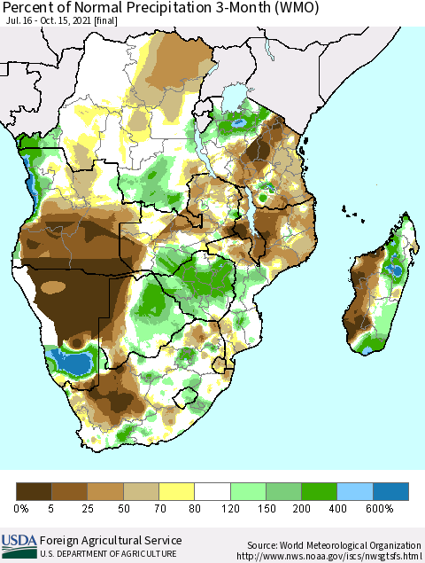 Southern Africa Percent of Normal Precipitation 3-Month (WMO) Thematic Map For 7/16/2021 - 10/15/2021