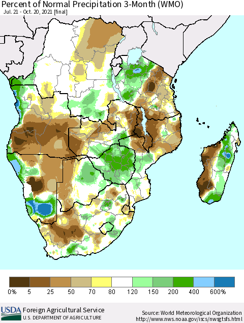 Southern Africa Percent of Normal Precipitation 3-Month (WMO) Thematic Map For 7/21/2021 - 10/20/2021