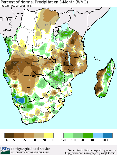 Southern Africa Percent of Normal Precipitation 3-Month (WMO) Thematic Map For 7/26/2021 - 10/25/2021