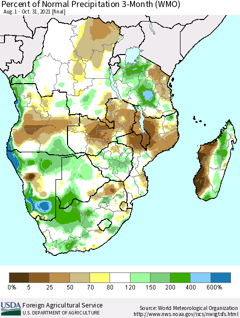 Southern Africa Percent of Normal Precipitation 3-Month (WMO) Thematic Map For 8/1/2021 - 10/31/2021