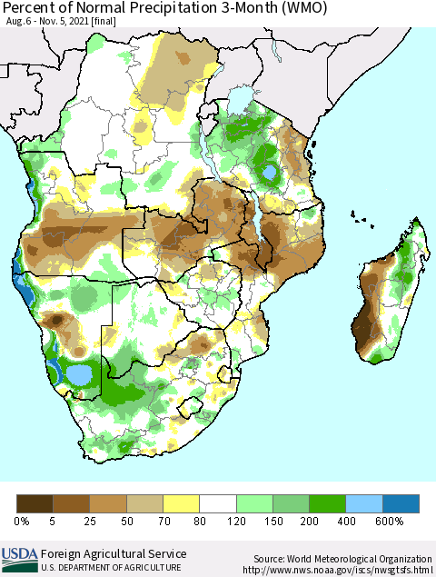 Southern Africa Percent of Normal Precipitation 3-Month (WMO) Thematic Map For 8/6/2021 - 11/5/2021