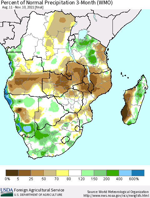 Southern Africa Percent of Normal Precipitation 3-Month (WMO) Thematic Map For 8/11/2021 - 11/10/2021