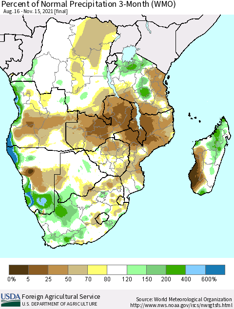 Southern Africa Percent of Normal Precipitation 3-Month (WMO) Thematic Map For 8/16/2021 - 11/15/2021