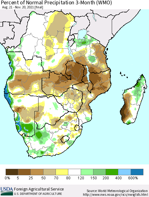 Southern Africa Percent of Normal Precipitation 3-Month (WMO) Thematic Map For 8/21/2021 - 11/20/2021