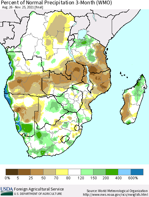 Southern Africa Percent of Normal Precipitation 3-Month (WMO) Thematic Map For 8/26/2021 - 11/25/2021